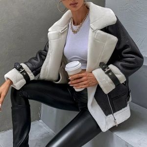 Black and white leather Sherpa jacket